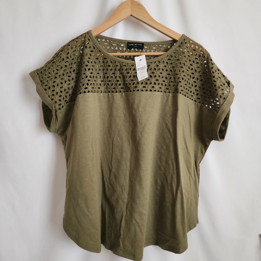 Lane Bryant Olive Eyelet Short Sleeve Top